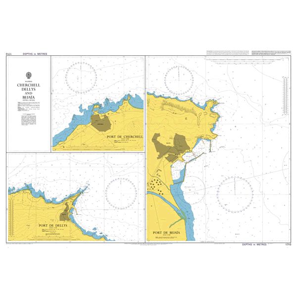 Product image of Admiralty Chart 1710 | Cherchell, Dellys and Bejaia, featuring navigational markings, depth soundings, and coastal features, essential for safe marine navigation. It could be displayed as an art piece or used for navigation on a boat or ship.