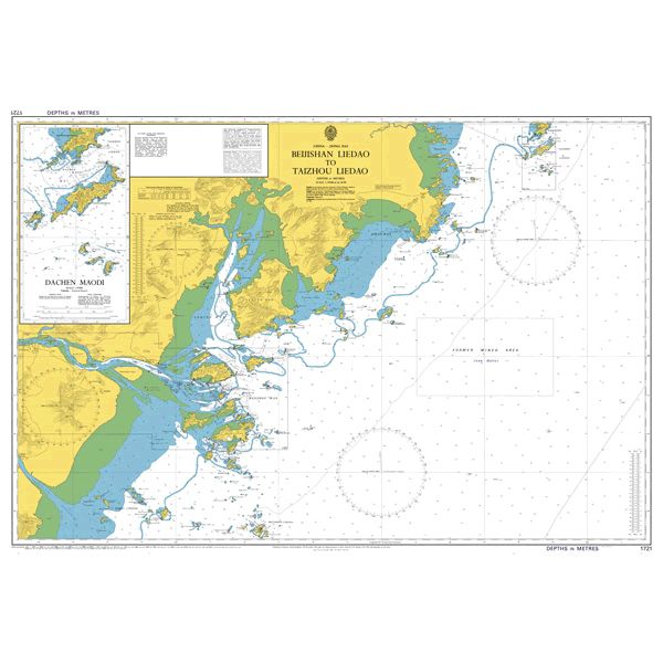 Product image of Admiralty Chart 1721 | Beiji Liedao to Taizhou Liedao, featuring navigational markings, depth soundings, and coastal features, essential for safe marine navigation. It could be displayed as an art piece or used for navigation on a boat or ship.