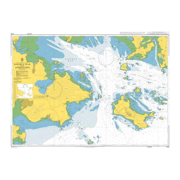 Product image of Admiralty Chart 1723 | Xinghua Wan and Approaches, featuring navigational markings, depth soundings, and coastal features, essential for safe marine navigation. It could be displayed as an art piece or used for navigation on a boat or ship.