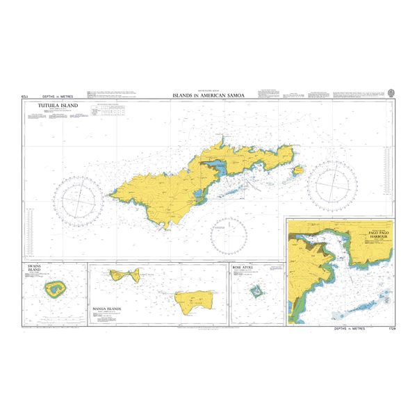 Product image of Admiralty Chart 1729 | Islands in American Samoa, featuring navigational markings, depth soundings, and coastal features, essential for safe marine navigation. It could be displayed as an art piece or used for navigation on a boat or ship.