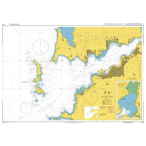 Product image of Admiralty Chart 1730 | Ria de Vigo, featuring navigational markings, depth soundings, and coastal features, essential for safe marine navigation. It could be displayed as an art piece or used for navigation on a boat or ship.