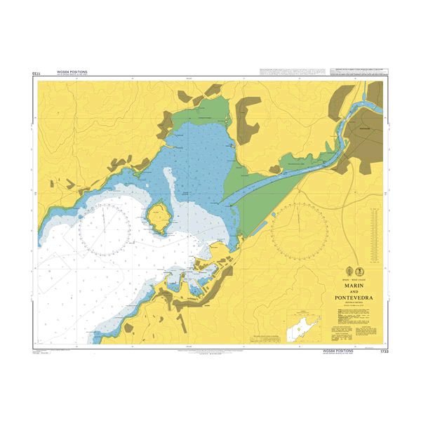 Product image of Admiralty Chart 1733 | Marin and Pontevedra, featuring navigational markings, depth soundings, and coastal features, essential for safe marine navigation. It could be displayed as an art piece or used for navigation on a boat or ship.