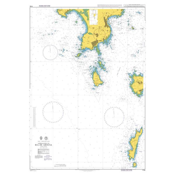 Product image of Admiralty Chart 1734 | Approaches to Ria de Arousa, featuring navigational markings, depth soundings, and coastal features, essential for safe marine navigation. It could be displayed as an art piece or used for navigation on a boat or ship.