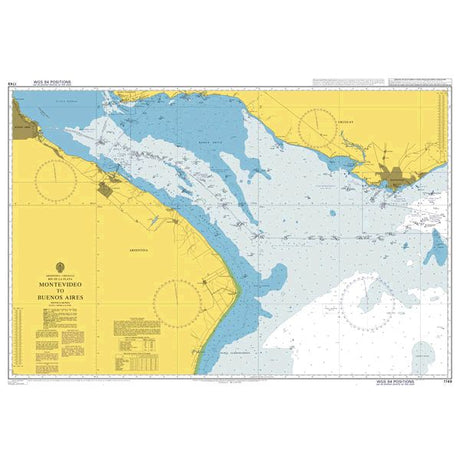 Product image of Admiralty Chart 1749 | Montevideo to Buenos Aires, featuring navigational markings, depth soundings, and coastal features, essential for safe marine navigation. It could be displayed as an art piece or used for navigation on a boat or ship.