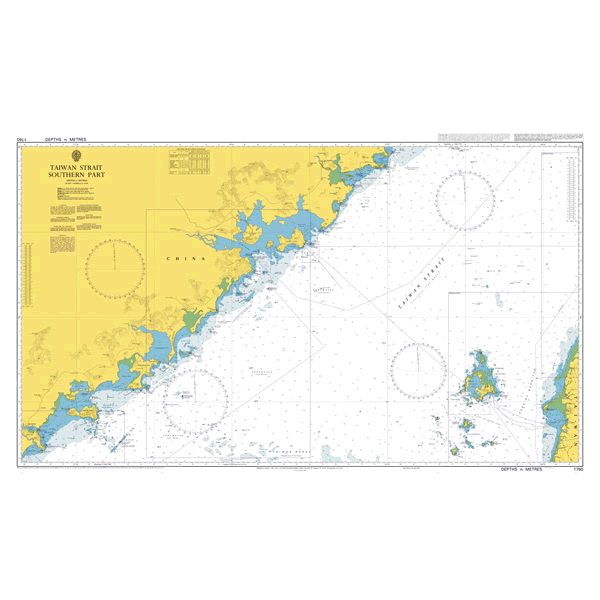 Product image of Admiralty Chart 1760 | Taiwan Strait Southern Part, featuring navigational markings, depth soundings, and coastal features, essential for safe marine navigation. It could be displayed as an art piece or used for navigation on a boat or ship.