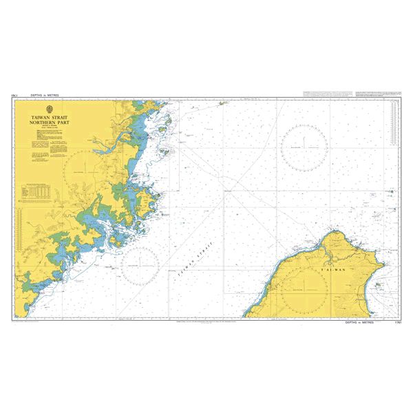 Product image of Admiralty Chart 1761 | Taiwan Strait Northern Part, featuring navigational markings, depth soundings, and coastal features, essential for safe marine navigation. It could be displayed as an art piece or used for navigation on a boat or ship.