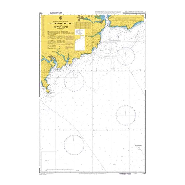 Product image of Admiralty Chart 1765 | Old Head of Kinsale to Power Head, featuring navigational markings, depth soundings, and coastal features, essential for safe marine navigation. It could be displayed as an art piece or used for navigation on a boat or ship.