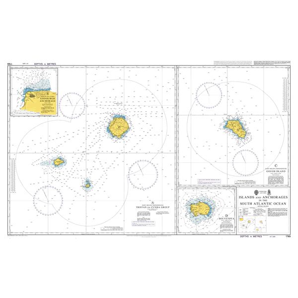 Product image of Admiralty Chart 1769 | Islands and Anchorages in the South Atlantic Ocean, featuring navigational markings, depth soundings, and coastal features, essential for safe marine navigation. It could be displayed as an art piece or used for navigation on a boat or ship.