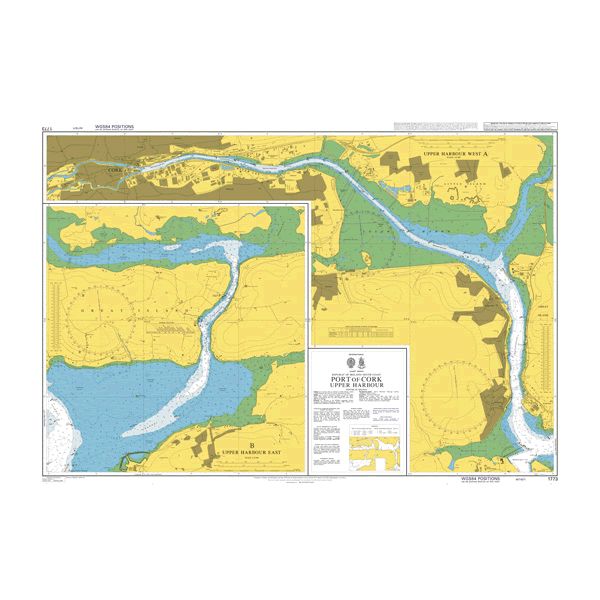 Product image of Admiralty Chart 1773 | Port of Cork Upper Harbour, featuring navigational markings, depth soundings, and coastal features, essential for safe marine navigation. It could be displayed as an art piece or used for navigation on a boat or ship.