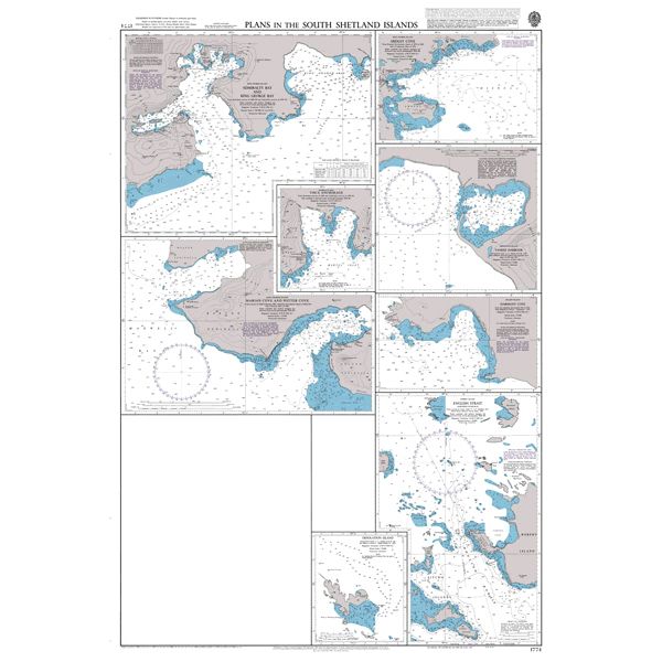 Product image of Admiralty Chart 1774 | Plans in the South Shetland Islands, featuring navigational markings, depth soundings, and coastal features, essential for safe marine navigation. It could be displayed as an art piece or used for navigation on a boat or ship.