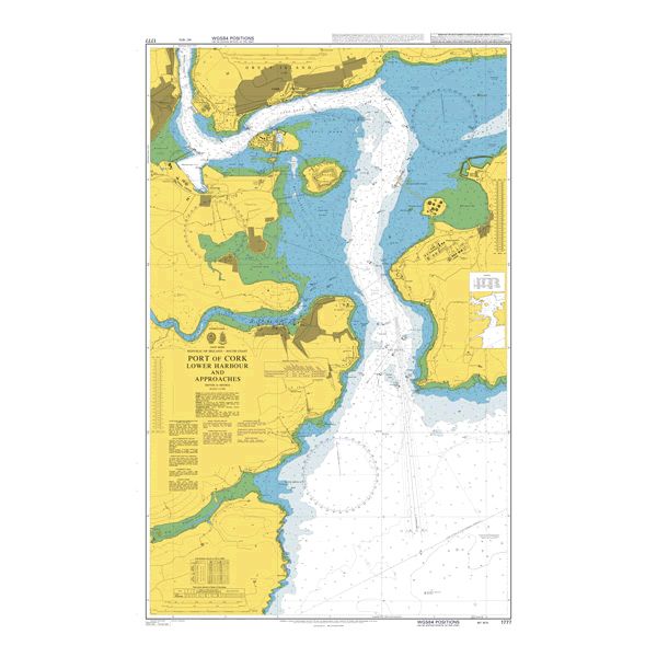 Product image of Admiralty Chart 1777 | Port of Cork Lower Harbour and Approaches, featuring navigational markings, depth soundings, and coastal features, essential for safe marine navigation. It could be displayed as an art piece or used for navigation on a boat or ship.