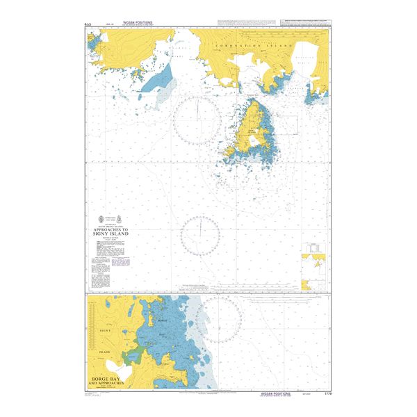 Product image of Admiralty Chart 1779 | Approaches to Signy Island, featuring navigational markings, depth soundings, and coastal features, essential for safe marine navigation. It could be displayed as an art piece or used for navigation on a boat or ship.