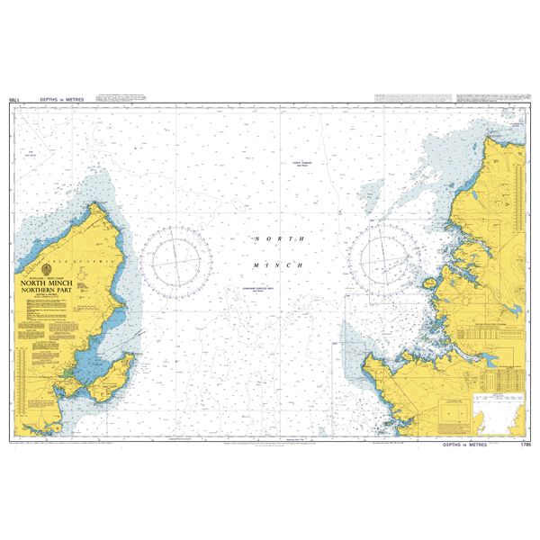 Product image of Admiralty Chart 1785 | North Minch Northern Part, featuring navigational markings, depth soundings, and coastal features, essential for safe marine navigation. It could be displayed as an art piece or used for navigation on a boat or ship.