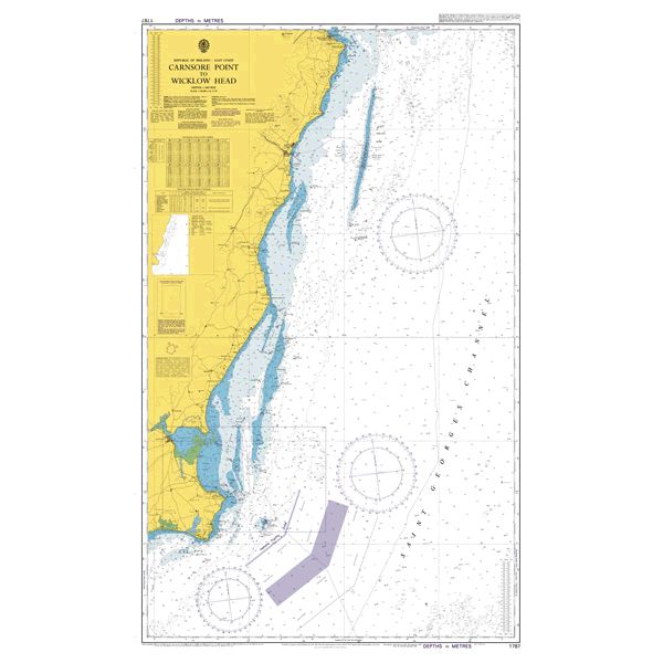 Product image of Admiralty Chart 1787 | Carnsore Point to Wicklow Head, featuring navigational markings, depth soundings, and coastal features, essential for safe marine navigation. It could be displayed as an art piece or used for navigation on a boat or ship.