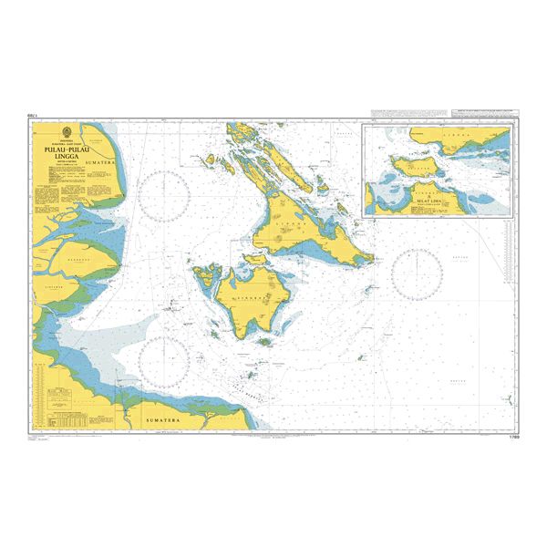 Product image of Admiralty Chart 1789 | Pulau-Pulau Lingga, featuring navigational markings, depth soundings, and coastal features, essential for safe marine navigation. It could be displayed as an art piece or used for navigation on a boat or ship.