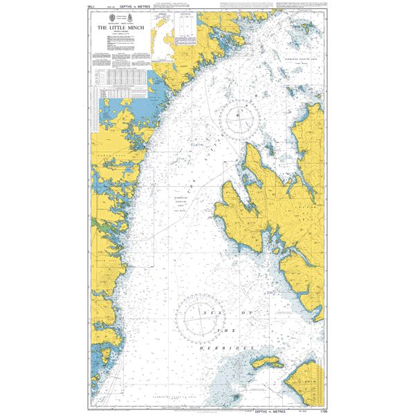 Product image of Admiralty Chart 1795 | The Little Minch Southern Part, featuring navigational markings, depth soundings, and coastal features, essential for safe marine navigation. It could be displayed as an art piece or used for navigation on a boat or ship.