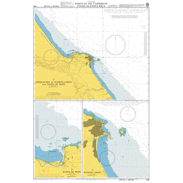 Product image of Admiralty Chart 1798 | Ports on the Caribbean Coast of Costa Rica, featuring navigational markings, depth soundings, and coastal features, essential for safe marine navigation. It could be displayed as an art piece or used for navigation on a boat or ship.