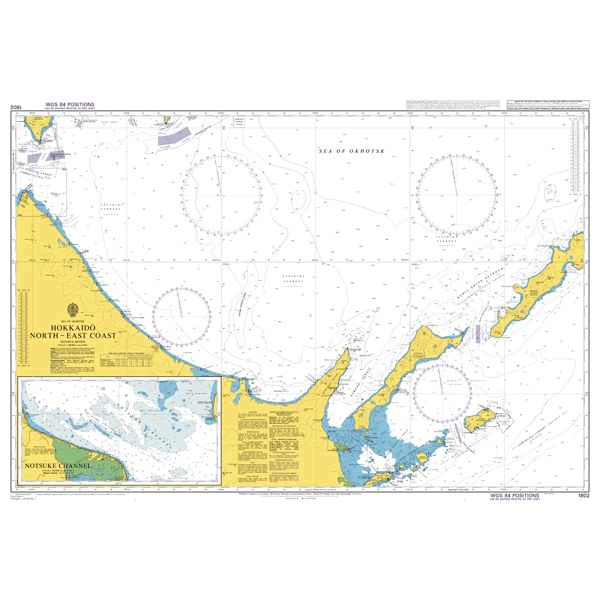 Product image of Admiralty Chart 1802 | Hokkaido North-East Coast, featuring navigational markings, depth soundings, and coastal features, essential for safe marine navigation. It could be displayed as an art piece or used for navigation on a boat or ship.