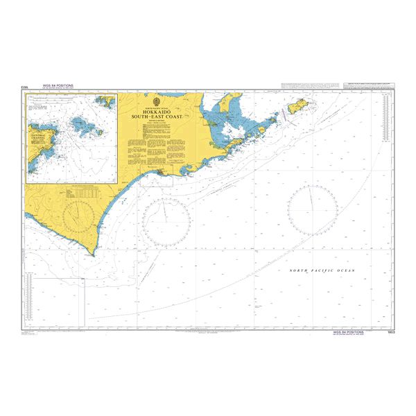 Product image of Admiralty Chart 1803 | Hokkaido South-East Coast, featuring navigational markings, depth soundings, and coastal features, essential for safe marine navigation. It could be displayed as an art piece or used for navigation on a boat or ship.