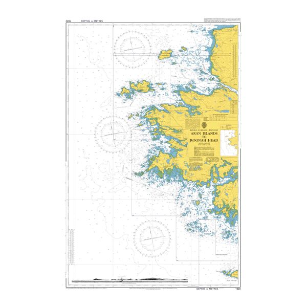 Product image of Admiralty Chart 1820 | Aran Islands to Roonah Head, featuring navigational markings, depth soundings, and coastal features, essential for safe marine navigation. It could be displayed as an art piece or used for navigation on a boat or ship.