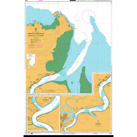 Product image of Admiralty Chart 1822 | Sungai Sarawak Tanjung Po to Pending, featuring navigational markings, depth soundings, and coastal features, essential for safe marine navigation. It could be displayed as an art piece or used for navigation on a boat or ship.