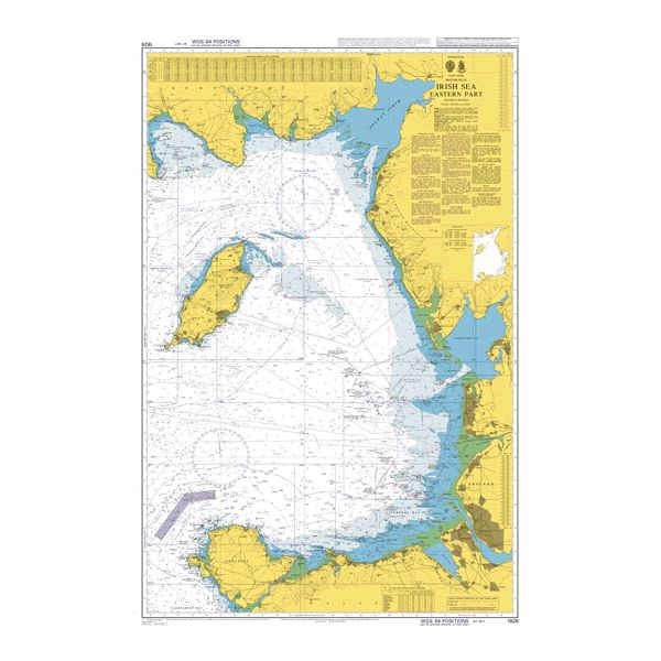 Product image of Admiralty Chart 1826 | Irish Sea Eastern Part, featuring navigational markings, depth soundings, and coastal features, essential for safe marine navigation. It could be displayed as an art piece or used for navigation on a boat or ship.