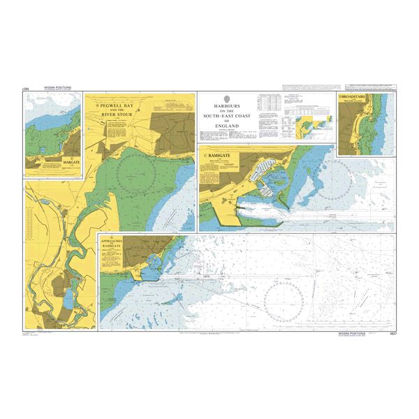 Product image of Admiralty Chart 1827 | Harbours on the South East Coast of England, featuring navigational markings, depth soundings, and coastal features, essential for safe marine navigation. It could be displayed as an art piece or used for navigation on a boat or ship.