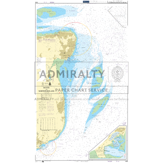 Product image of Admiralty Chart 1828 | Dover to North Foreland, featuring navigational markings, depth soundings, and coastal features, essential for safe marine navigation. It could be displayed as an art piece or used for navigation on a boat or ship.