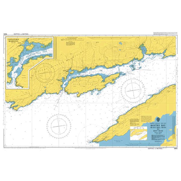 Product image of Admiralty Chart 1840 | Bantry Bay Black Ball Head to Shot Head, featuring navigational markings, depth soundings, and coastal features, essential for safe marine navigation. It could be displayed as an art piece or used for navigation on a boat or ship.