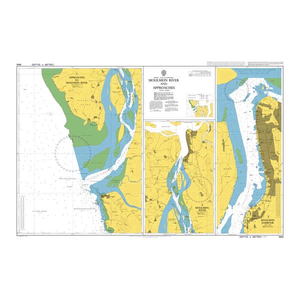 Product image of Admiralty Chart 1845 | Mawlamyine (Moulmein) River and Approaches, featuring navigational markings, depth soundings, and coastal features, essential for safe marine navigation. It could be displayed as an art piece or used for navigation on a boat or ship.