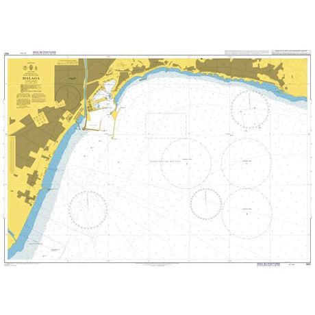 Product image of Admiralty Chart 1851 | Malaga, featuring navigational markings, depth soundings, and coastal features, essential for safe marine navigation. It could be displayed as an art piece or used for navigation on a boat or ship.