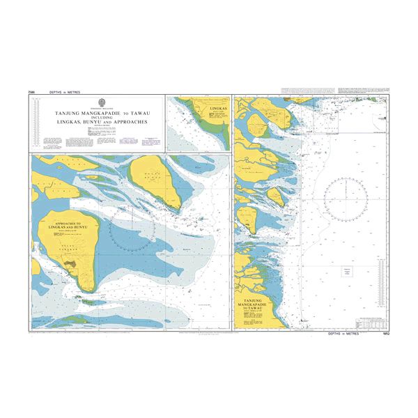 Product image of Admiralty Chart 1852 | Tanjung Mangkapadie to Tawau including Lingkas, Bunyu and Approaches, featuring navigational markings, depth soundings, and coastal features, essential for safe marine navigation. It could be displayed as an art piece or used for navigation on a boat or ship.