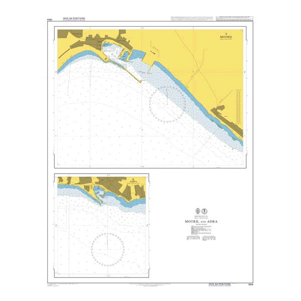 Product image of Admiralty Chart 1854 | Motril and Adra, featuring navigational markings, depth soundings, and coastal features, essential for safe marine navigation. It could be displayed as an art piece or used for navigation on a boat or ship.