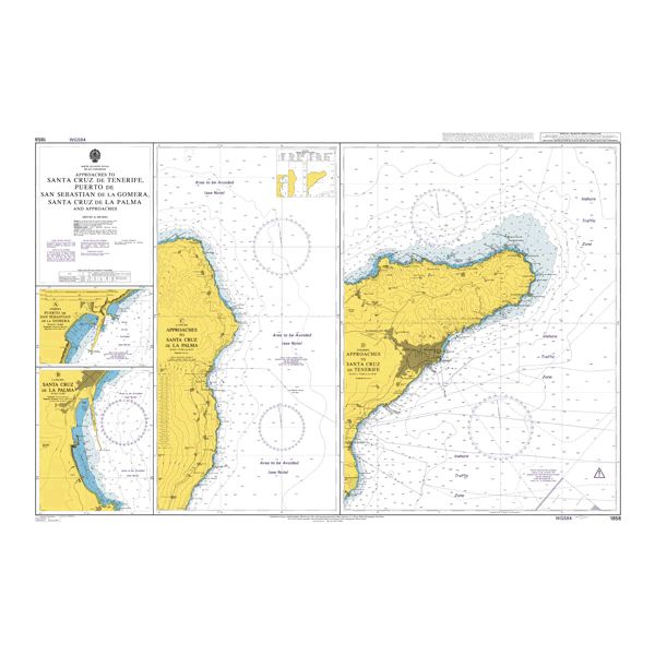 Product image of Admiralty Chart 1858 | Apps. to S. Cruz de Tenerife, Puerto de S. Sebastian de la Gomera, S. Cruz de la Palma and Apps., featuring navigational markings, depth soundings, and coastal features, essential for safe marine navigation. It could be displayed as an art piece or used for navigation on a boat or ship.