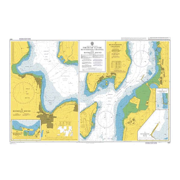 Product image of Admiralty Chart 1867 | Firth of Clyde Hunterston Channel and Rothesay Sound, featuring navigational markings, depth soundings, and coastal features, essential for safe marine navigation. It could be displayed as an art piece or used for navigation on a boat or ship.