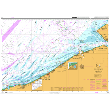 Product image of Admiralty Chart 1872 | Dunkerque to Vlissingen, featuring navigational markings, depth soundings, and coastal features, essential for safe marine navigation. It could be displayed as an art piece or used for navigation on a boat or ship.