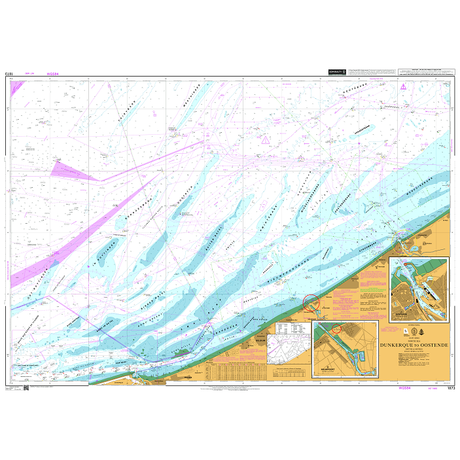 Product image of Admiralty Chart 1873 | Dunkerque to Oostende, featuring navigational markings, depth soundings, and coastal features, essential for safe marine navigation. It could be displayed as an art piece or used for navigation on a boat or ship.