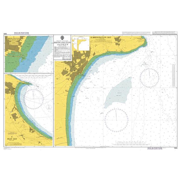 Product image of Admiralty Chart 1882 | Bridlington and Filey, featuring navigational markings, depth soundings, and coastal features, essential for safe marine navigation. It could be displayed as an art piece or used for navigation on a boat or ship.