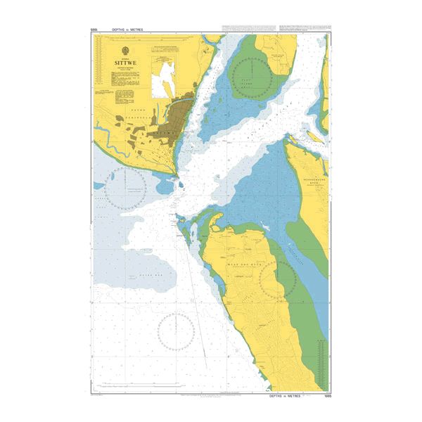 Product image of Admiralty Chart 1885 | Sittwe, featuring navigational markings, depth soundings, and coastal features, essential for safe marine navigation. It could be displayed as an art piece or used for navigation on a boat or ship.