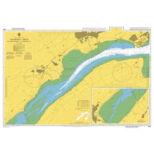 Product image of Admiralty Chart 1890 | Cromarty Firth Invergordon to Dingwall, featuring navigational markings, depth soundings, and coastal features, essential for safe marine navigation. It could be displayed as an art piece or used for navigation on a boat or ship.