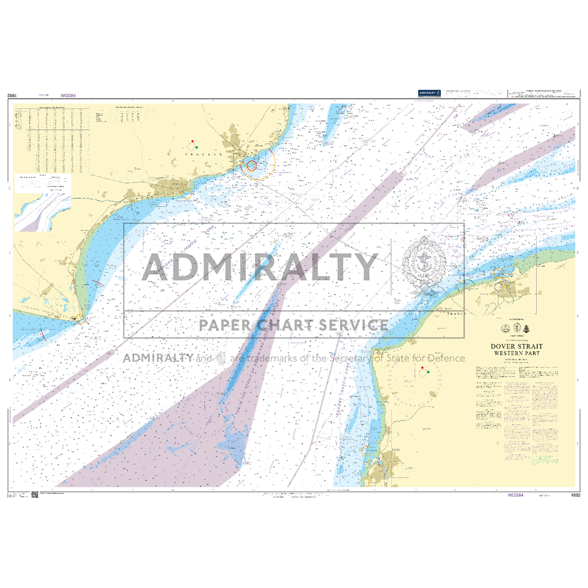 Product image of Admiralty Chart 1892 | Dover Strait Western Part, featuring navigational markings, depth soundings, and coastal features, essential for safe marine navigation. It could be displayed as an art piece or used for navigation on a boat or ship.