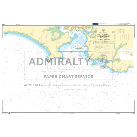 Product image of Admiralty Chart 1900 | Whitsand Bay to Yealm Head including Plymouth Sound, featuring navigational markings, depth soundings, and coastal features, essential for safe marine navigation. It could be displayed as an art piece or used for navigation on a boat or ship.