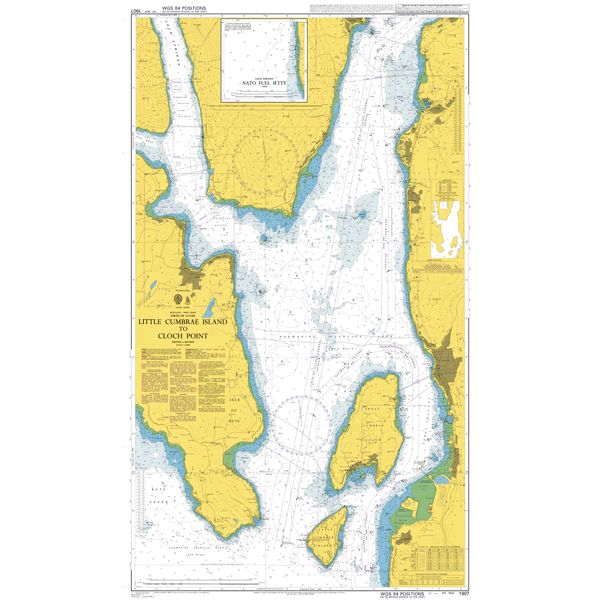 Product image of Admiralty Chart 1907 | Little Cumbrae Island to Cloch Point, featuring navigational markings, depth soundings, and coastal features, essential for safe marine navigation. It could be displayed as an art piece or used for navigation on a boat or ship.