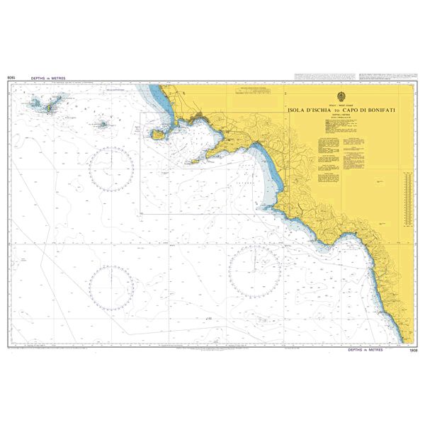 Product image of Admiralty Chart 1908 | Isola d'Ischia to Capo di Bonifati, featuring navigational markings, depth soundings, and coastal features, essential for safe marine navigation. It could be displayed as an art piece or used for navigation on a boat or ship.