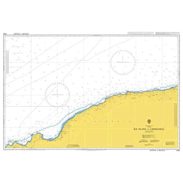 Product image of Admiralty Chart 1909 | Ile Plane to Cherchell, featuring navigational markings, depth soundings, and coastal features, essential for safe marine navigation. It could be displayed as an art piece or used for navigation on a boat or ship.