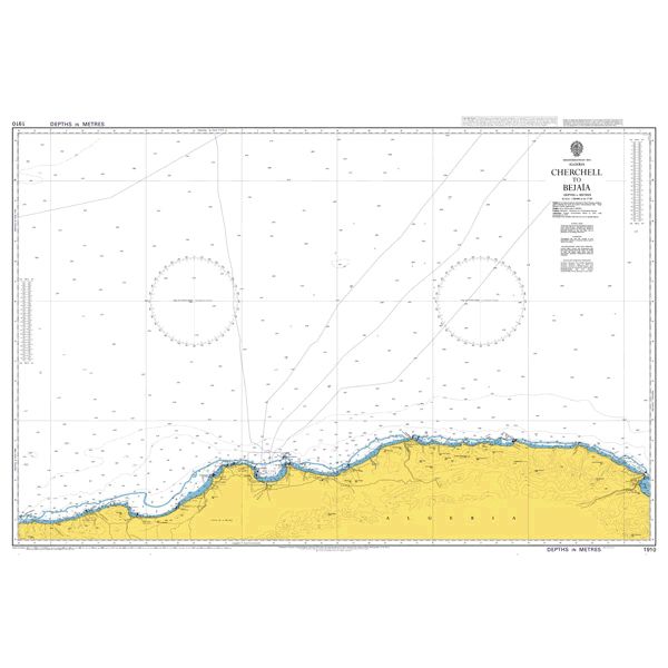 Product image of Admiralty Chart 1910 | Cherchell to Bejaia, featuring navigational markings, depth soundings, and coastal features, essential for safe marine navigation. It could be displayed as an art piece or used for navigation on a boat or ship.