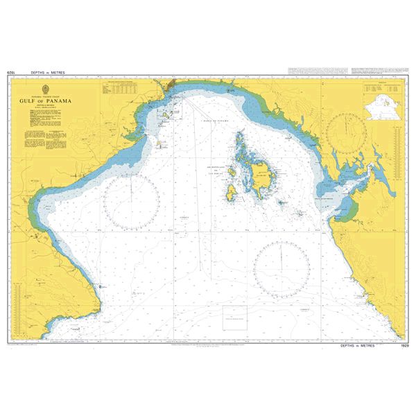 Product image of Admiralty Chart 1929 | Gulf of Panama, featuring navigational markings, depth soundings, and coastal features, essential for safe marine navigation. It could be displayed as an art piece or used for navigation on a boat or ship.