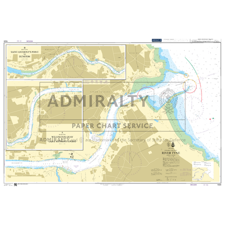 Product image of Admiralty Chart 1934 | River Tyne, featuring navigational markings, depth soundings, and coastal features, essential for safe marine navigation. It could be displayed as an art piece or used for navigation on a boat or ship.