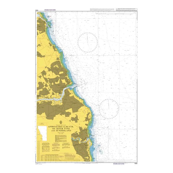 Product image of Admiralty Chart 1935 | Approaches to Blyth, the River Tyne and Sunderland, featuring navigational markings, depth soundings, and coastal features, essential for safe marine navigation. It could be displayed as an art piece or used for navigation on a boat or ship.