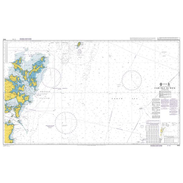 Product image of Admiralty Chart 1942 | Fair Isle to Wick, featuring navigational markings, depth soundings, and coastal features, essential for safe marine navigation. It could be displayed as an art piece or used for navigation on a boat or ship.